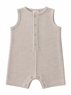 Light gray, sleeveless baby romper with front buttons and a textured fabric design. Ideal for warm weather wear.
