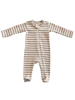 Tan and cream striped baby onesie with long sleeves and a front zipper. Soft, cozy fabric for comfort.