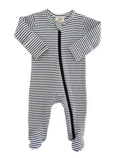 Striped infant onesie with long sleeves and footed design, featuring a front zipper closure.