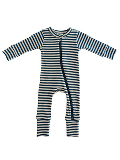 Blue and white striped baby onesie with long sleeves and a front zipper.