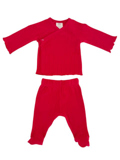 Red baby outfit including a wrap-style top and matching pants with ribbed texture and flared sleeves and cuffs.