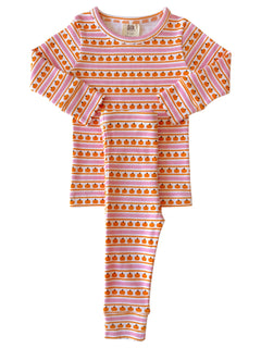Pink and orange striped pajamas featuring small pumpkin patterns for infants.
