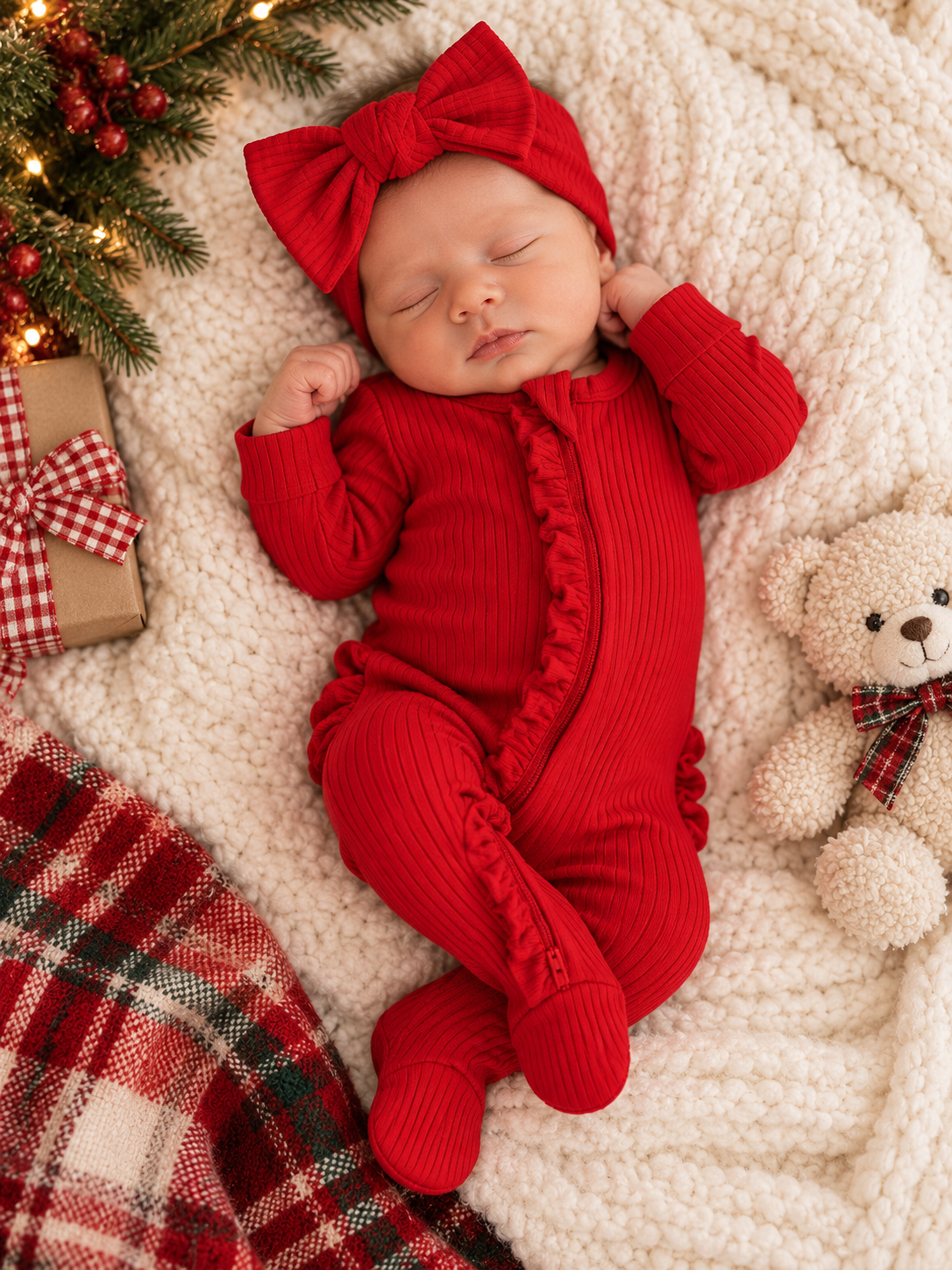 Red / Ribbed Frill 2-Way Zip Footie