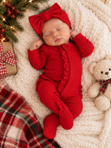 Red / Ribbed Frill 2-Way Zip Footie