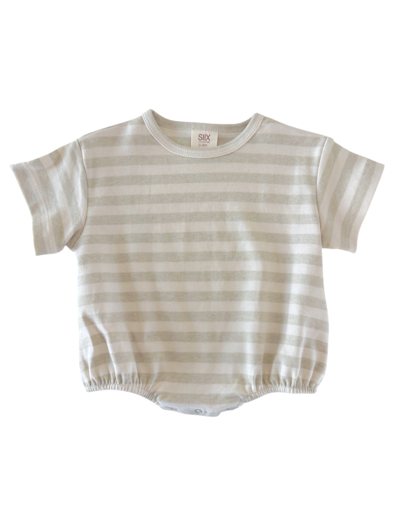 Cream striped baby onesie with short sleeves and elasticized bottom. Ideal for infant comfort and style.
