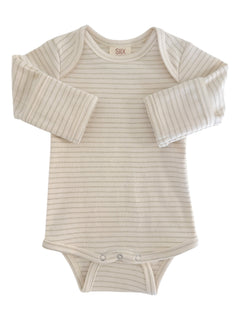 Lightly striped long-sleeve baby bodysuit with snap closures at the bottom, cream color.