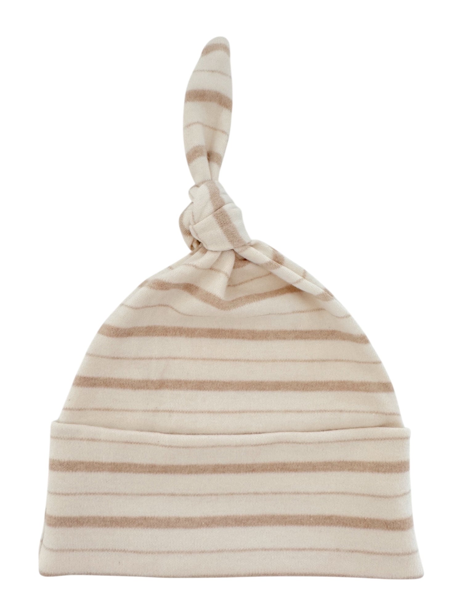 Cream and beige striped baby hat with a knot on top, made from soft fabric.