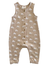 Beige baby romper with white rainbow pattern and buttons down the front. Ideal for toddler outfits.