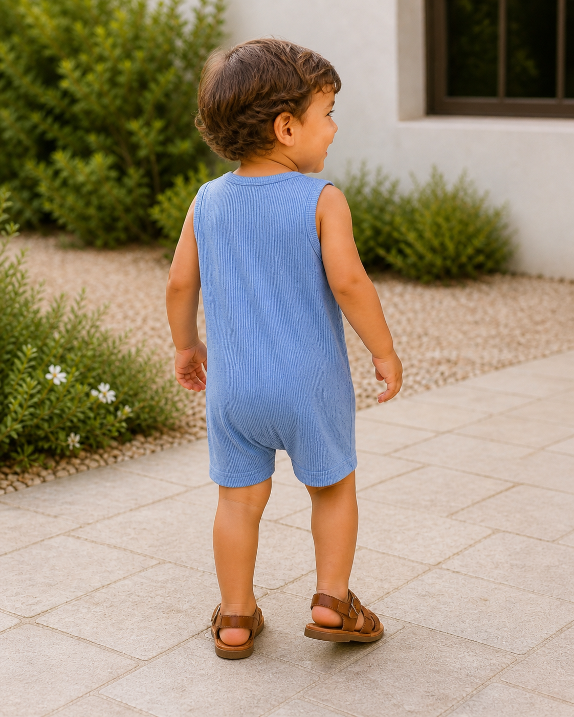 Toddler in a blue romper walks on a stone patio surrounded by green plants.