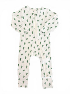 Infant onesie with cactus print, featuring long sleeves and a front zipper, against a white background.