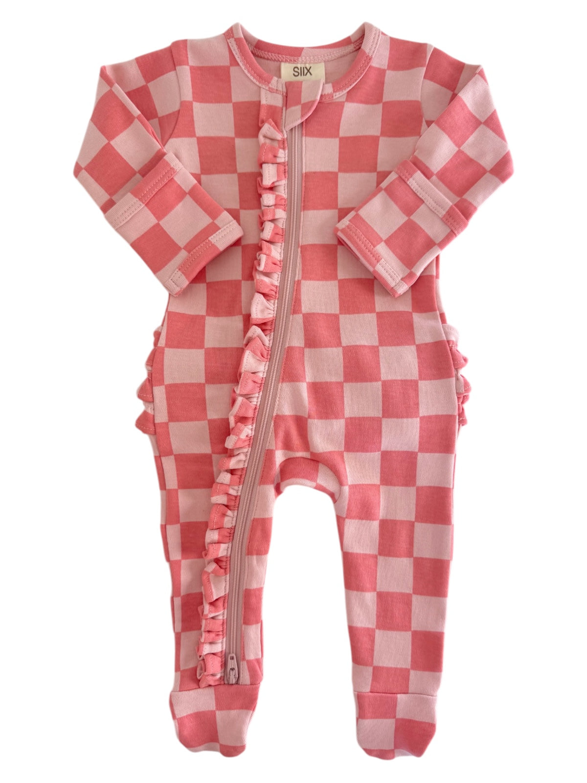 Strawberry/Rosy Checkerboard / Organic Frill Zip Footie