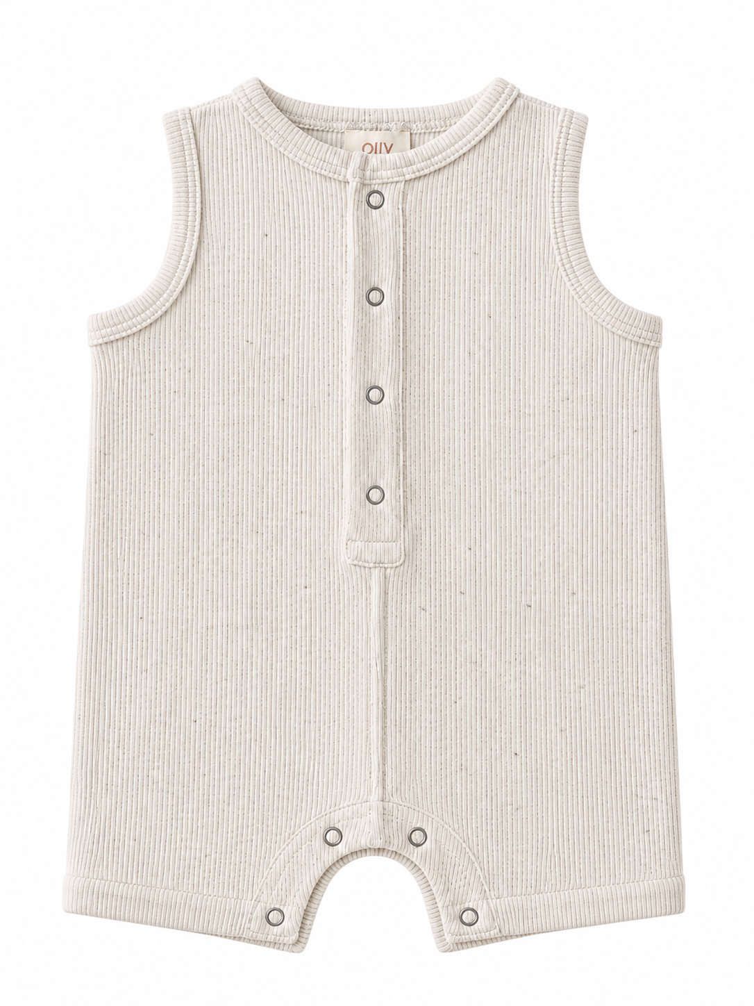 Light beige sleeveless baby onesie with snap buttons and ribbed texture, designed for comfort and style.