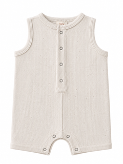 Light beige sleeveless baby onesie with snap buttons and ribbed texture, designed for comfort and style.