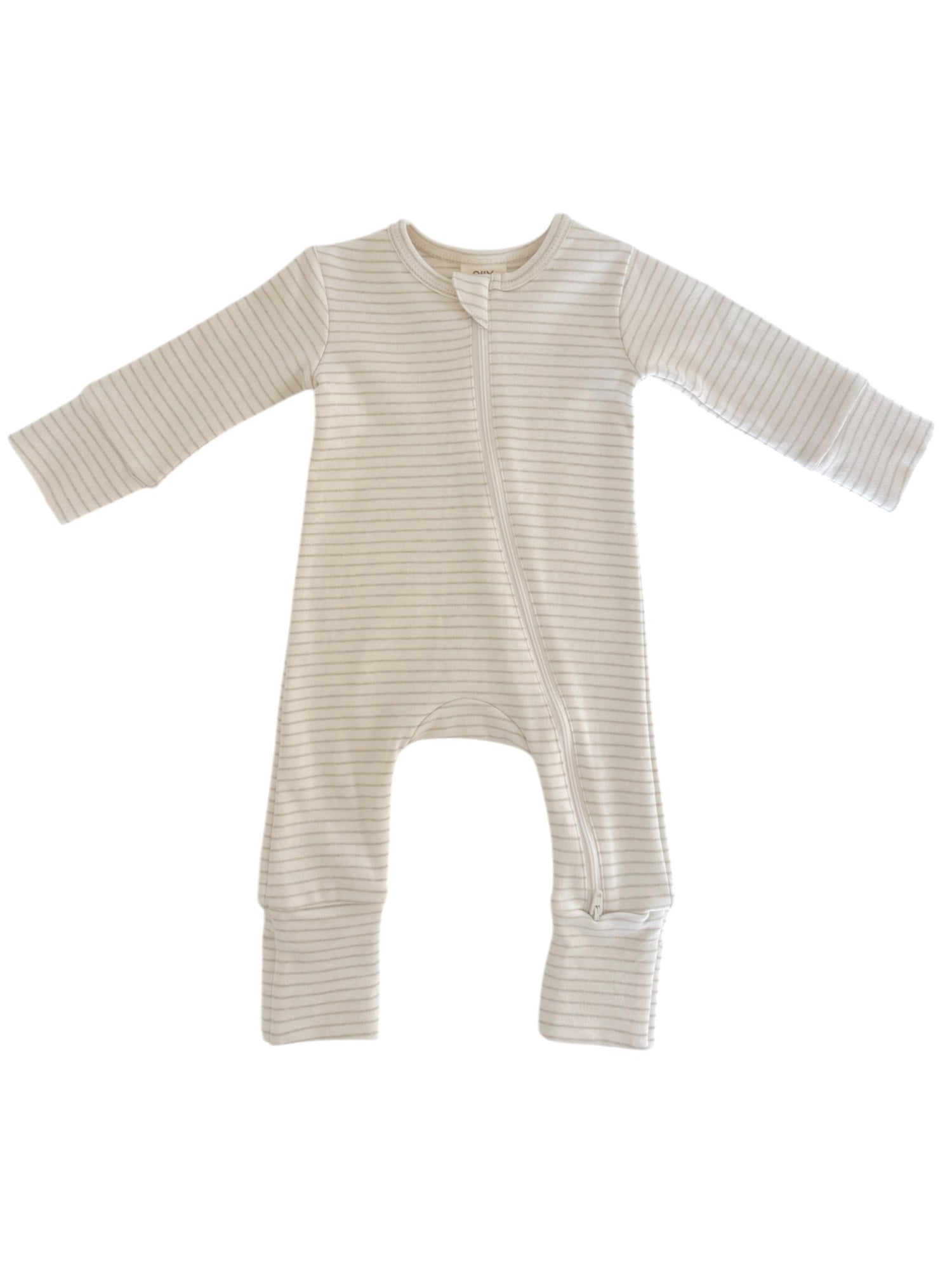Lightly striped baby onesie with long sleeves and a front zipper closure.