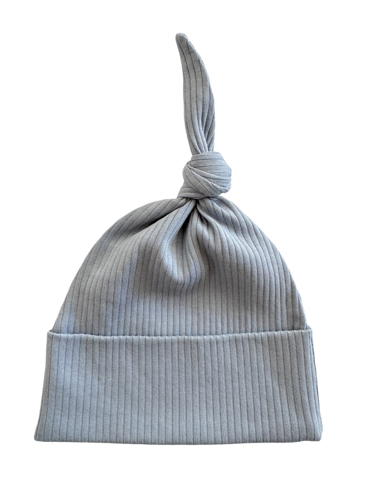 Gray ribbed baby hat with a knotted top, designed for comfort and style.