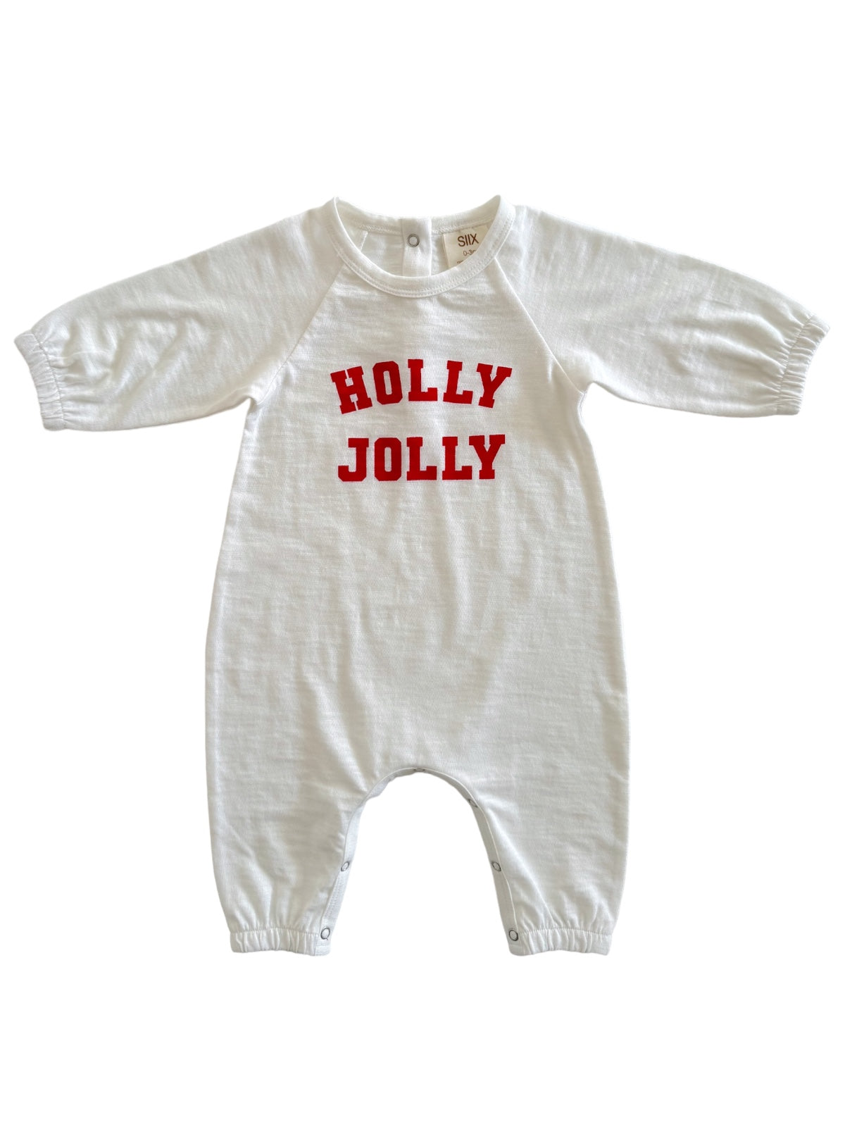 White baby onesie with red text reading 