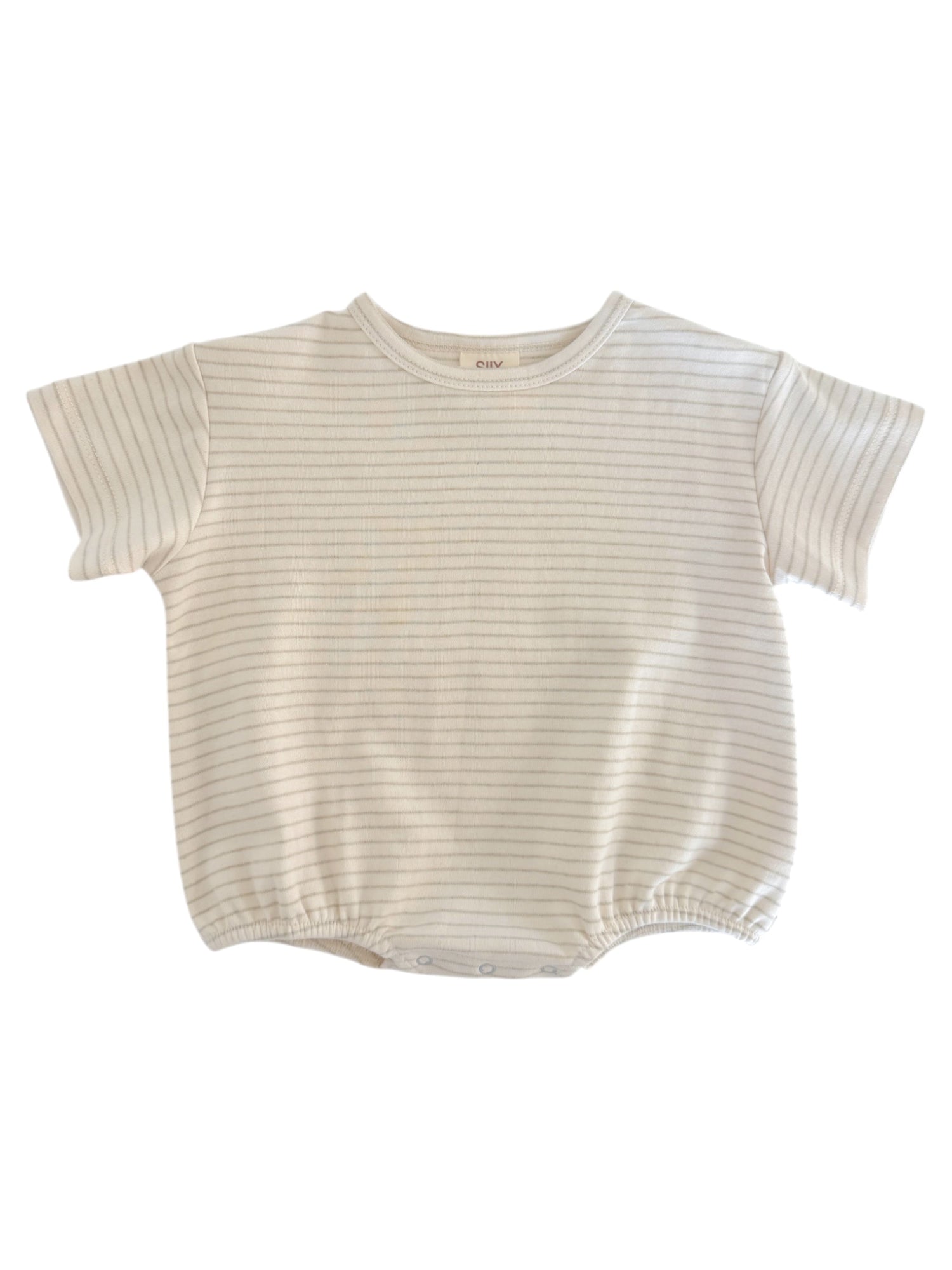 Cream striped infant shirt with short sleeves and snap closures at the bottom.