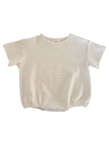 Cream striped infant shirt with short sleeves and snap closures at the bottom.
