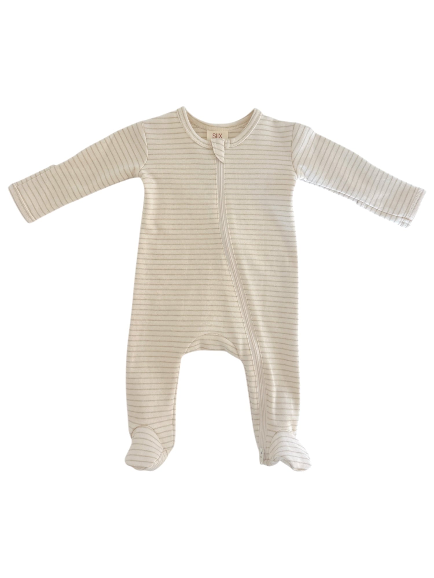 Lightweight baby onesie with long sleeves and zipper, featuring a soft striped pattern in cream and beige.