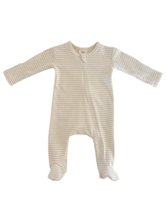 Lightweight baby onesie with long sleeves and zipper, featuring a soft striped pattern in cream and beige.