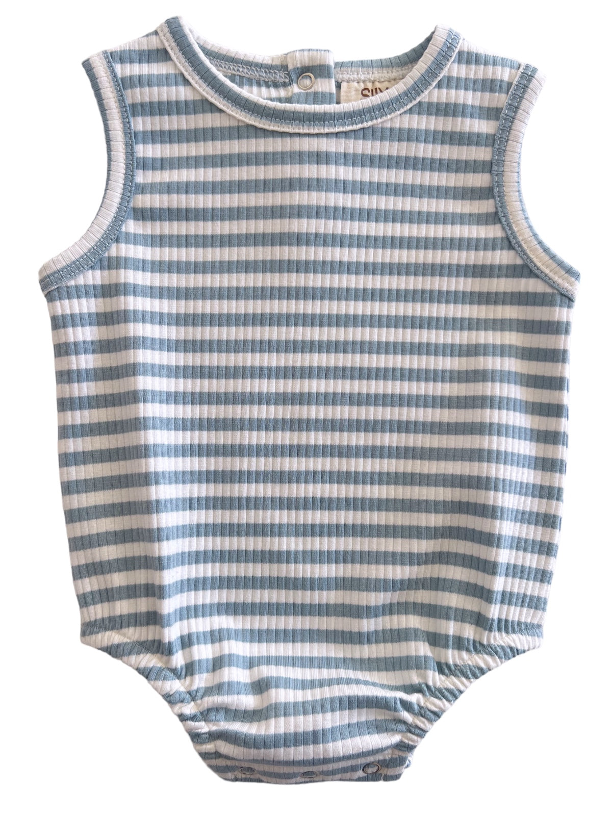 Light blue and white striped baby bodysuit with sleeveless design and snap closure at the back.
