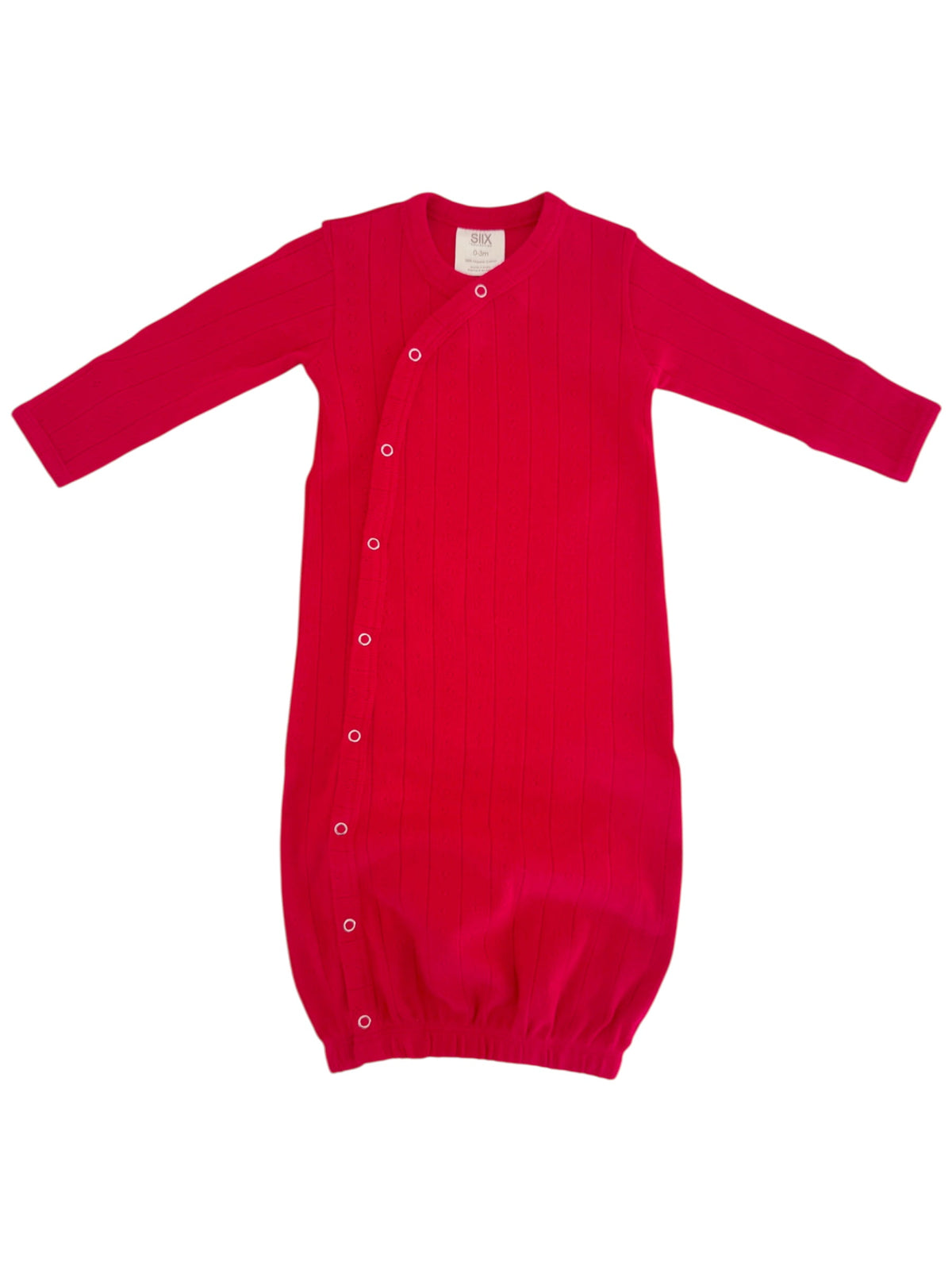 Red ribbed baby gown with long sleeves and snap buttons along the side for easy dressing and comfort.