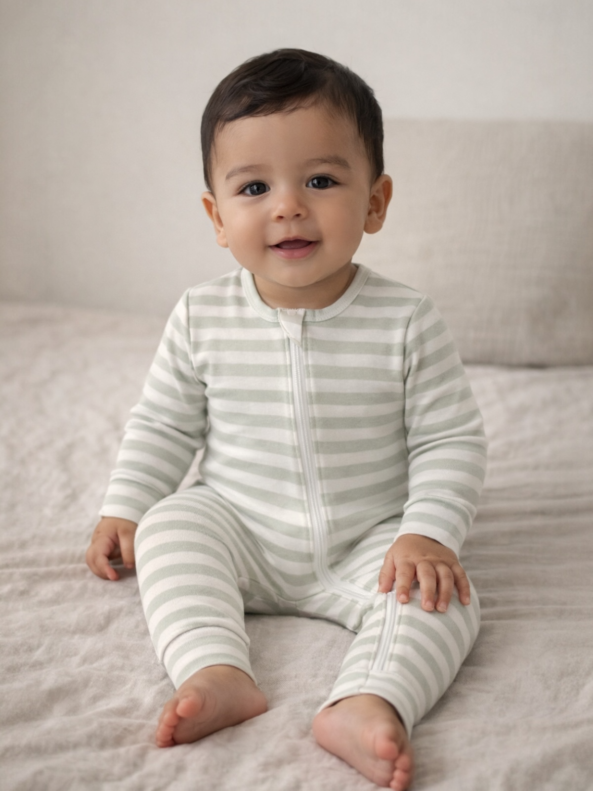 Smiling baby in striped pajamas sitting on a bed, with soft neutral background.