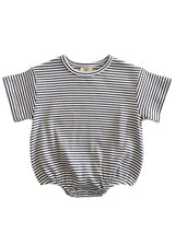 Striped baby bodysuit in black and white, featuring a round neckline and short sleeves.