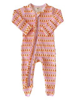 Infant onesie in pink and orange pumpkin pattern, featuring a front zip closure and long sleeves.