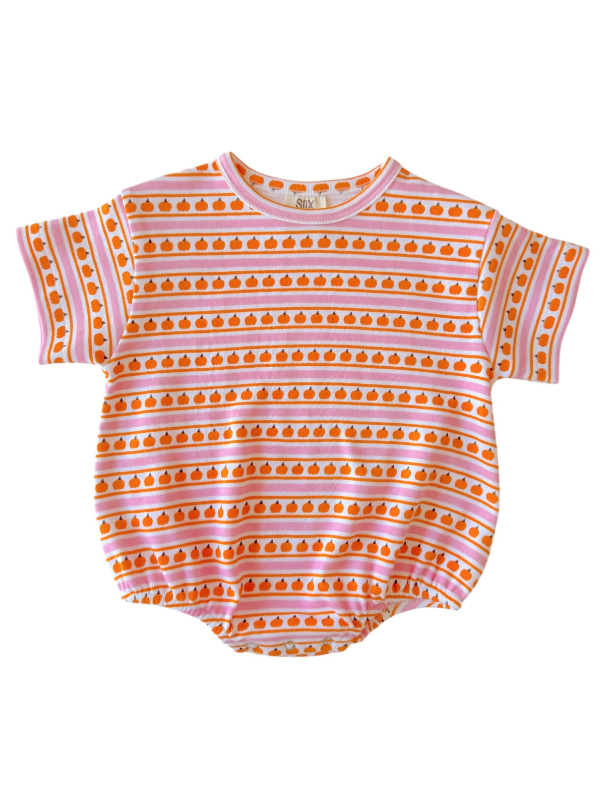 Colorful baby onesie with pumpkin patterns and striped design in orange and pink. Ideal for autumn wear.