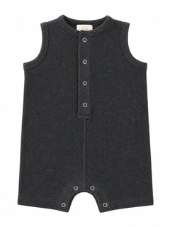 Gray sleeveless baby romper with button closure and small leg openings. Ideal for comfort and play.