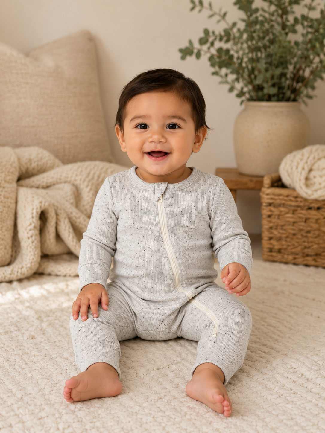 Smiling toddler in gray outfit sitting on a rug, with decorative plants and cozy blankets in the background.