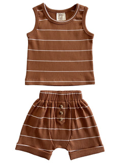 Brown striped toddler tank top and shorts set on a white background. Soft ribbed fabric with button detail.