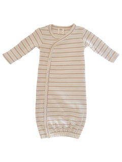 Beige striped baby gown with long sleeves and snap closures, designed for comfort and easy dressing.