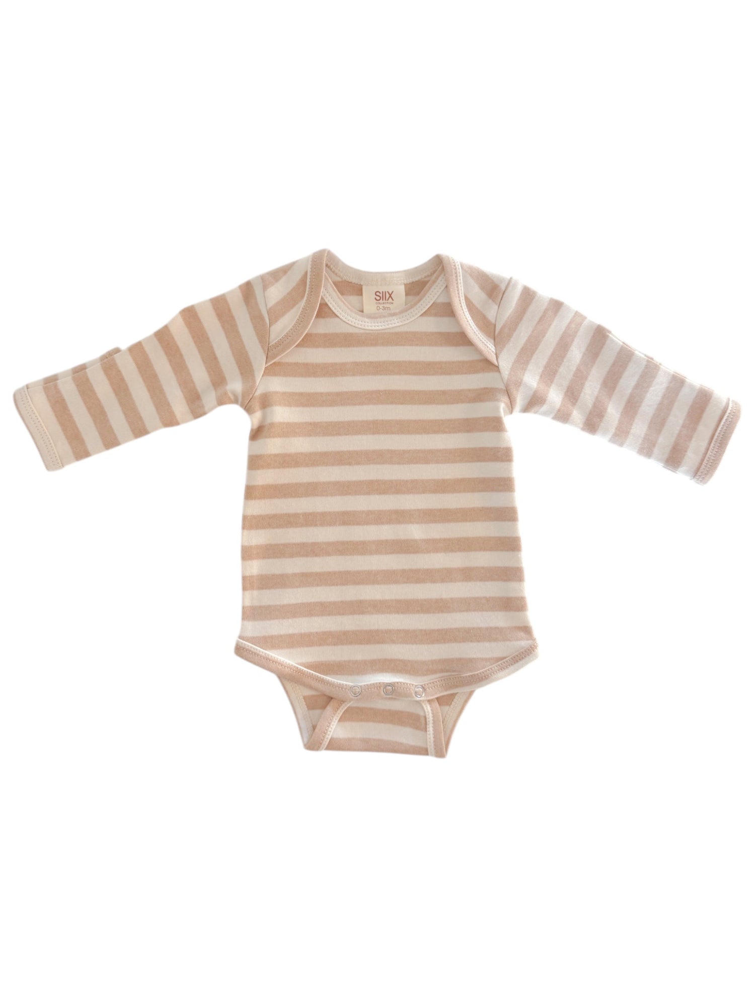 Beige striped long-sleeve baby bodysuit with snap closure at the bottom. Soft cotton material for comfort.