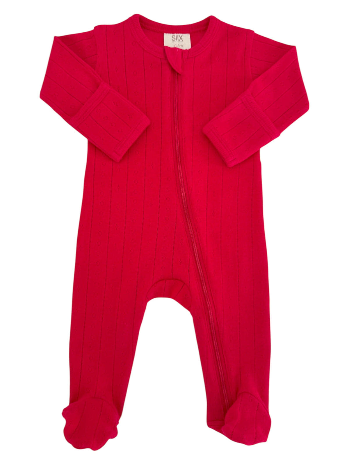Bright pink baby onesie with long sleeves and feet, featuring a front zipper and ribbed texture.