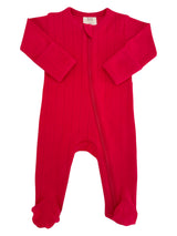 Bright pink baby onesie with long sleeves and feet, featuring a front zipper and ribbed texture.