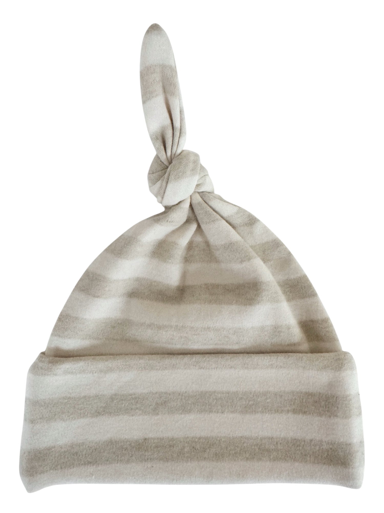 Striped baby beanie in soft neutral tones with a knot at the top.