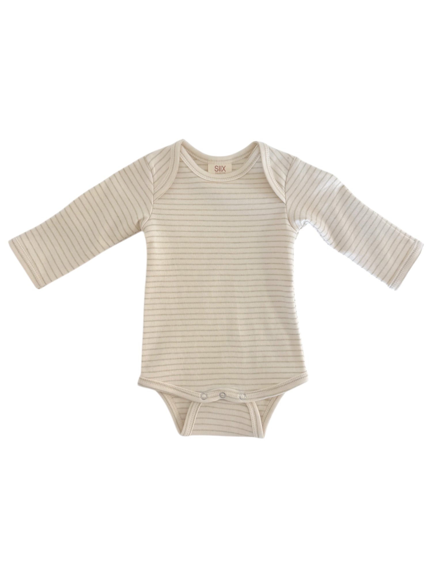Light-colored baby bodysuit with long sleeves and subtle stripes, featuring snap closures at the bottom.