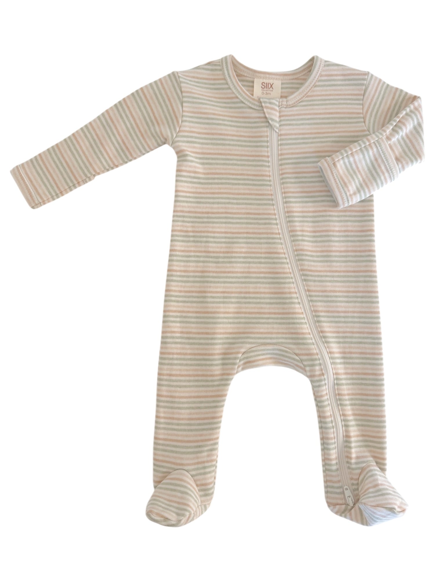 Striped baby onesie in light pastel colors, featuring zip closure and footed design. Ideal for infants.
