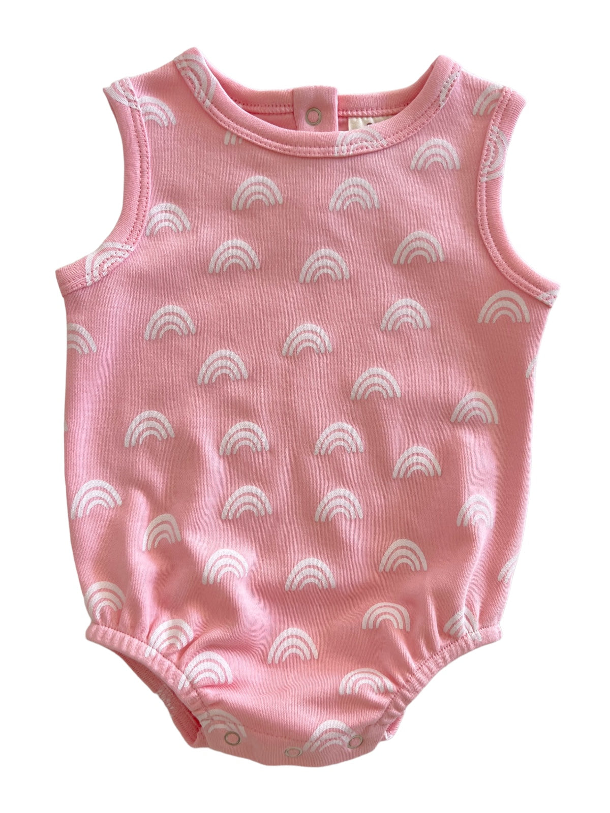 Pink baby onesie with white rainbow patterns, featuring sleeveless design and snap closure at the back.