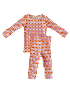 Children's pajama set featuring long-sleeve top and leggings with a pumpkin pattern on a pink striped background.