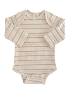 Light striped baby onesie with long sleeves and snap closure at the bottom. Perfect for infants.