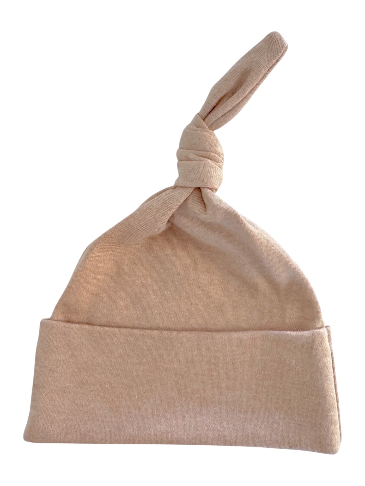 Light beige knotted baby hat with a soft, stretchy fabric and a rolled cuff. Ideal for newborns.