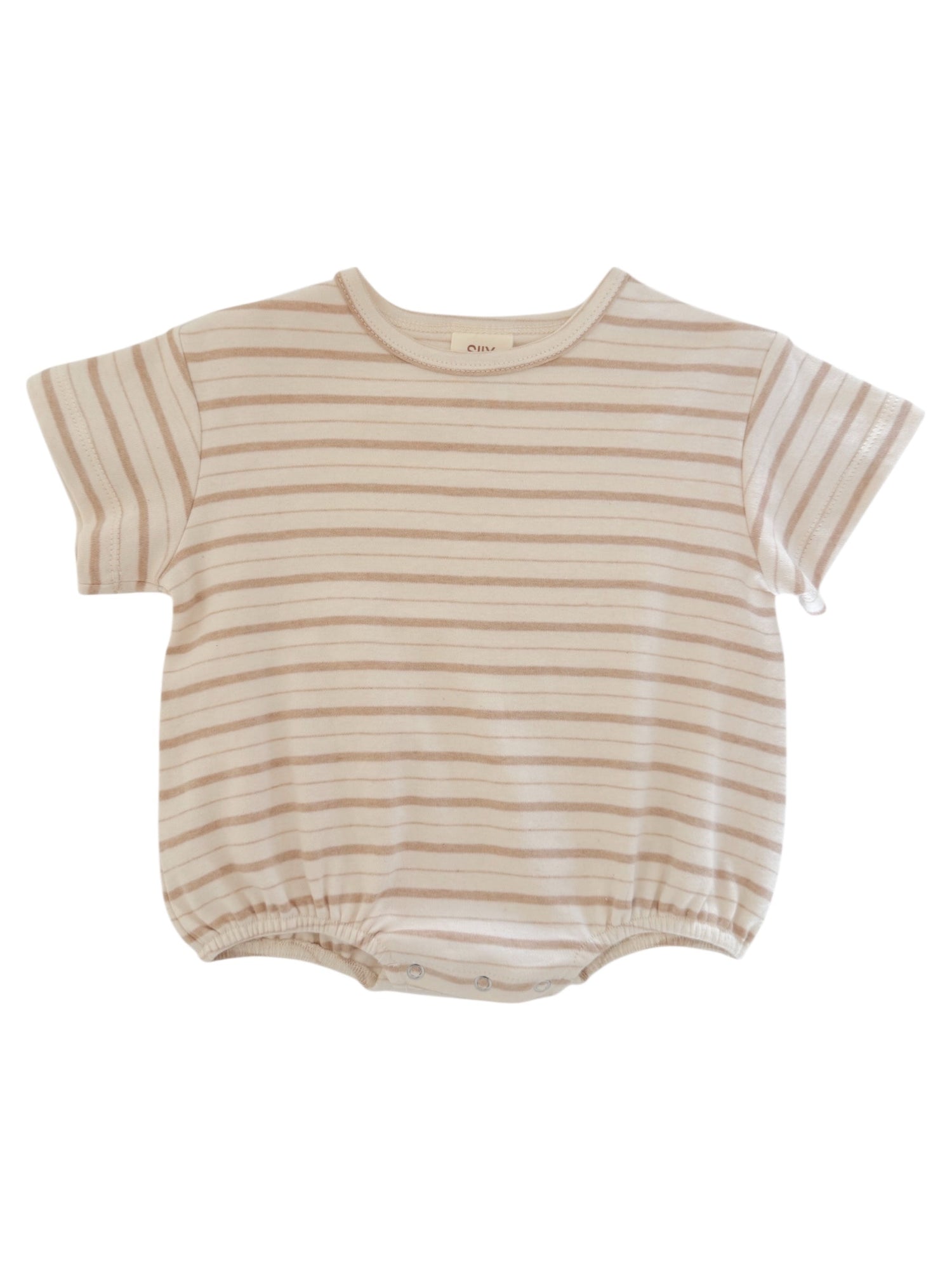 Cream and beige striped baby onesie with short sleeves and snap closure at the bottom.