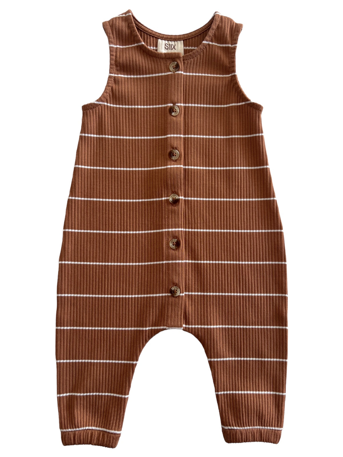 Brown striped infant romper with buttons, featuring a soft ribbed texture and sleeveless design.