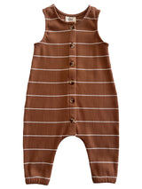 Brown striped infant romper with buttons, featuring a soft ribbed texture and sleeveless design.
