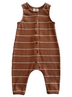 Brown striped infant romper with buttons, featuring a soft ribbed texture and sleeveless design.