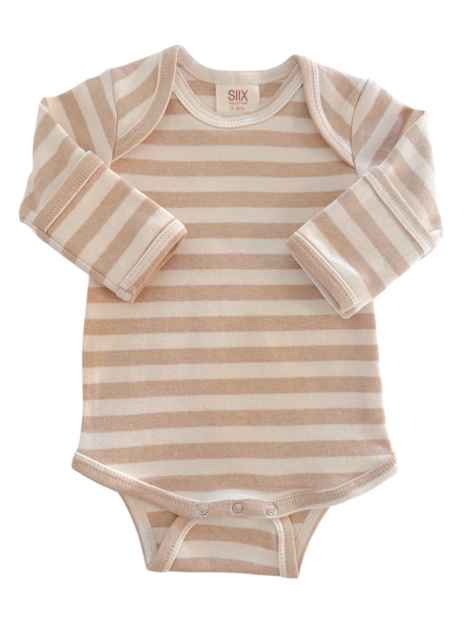 Tan and cream striped baby onesie with long sleeves and snap closure. Ideal for infants 0-3 months.