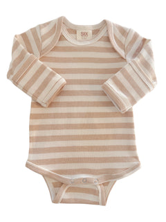Tan and cream striped baby onesie with long sleeves and snap closure. Ideal for infants 0-3 months.